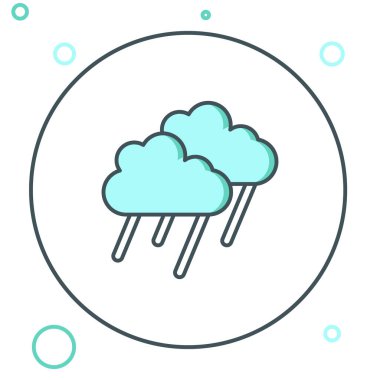 Beyaz arka planda izole edilmiş yağmur ikonlu çizgi bulutu. Yağmur damlaları ile yağmur bulutu yağışı. Renkli taslak konsepti. Vektör.