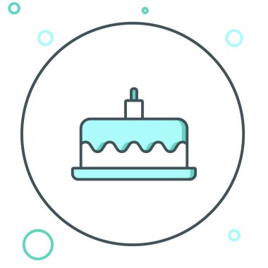 Beyaz arkaplanda yanan mum simgesine sahip Çizgi Keki. Doğum günün kutlu olsun. Renkli taslak konsepti. Vektör.