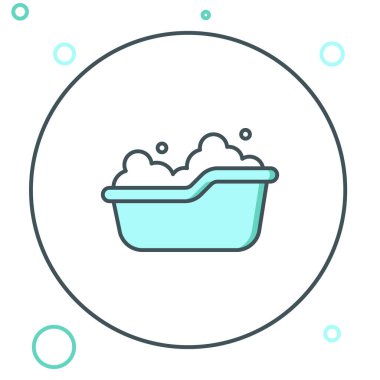 Beyaz arka planda izole edilmiş, içinde köpük kabarcıkları olan Çizgili Bebek küveti. Renkli taslak konsepti. Vektör.