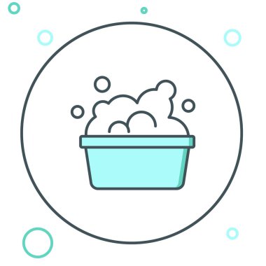 Beyaz zemin üzerinde sabun köpüğü simgesi olan çizgi plastik leğen. Sulu kase. Çamaşır yıkama, temizlik malzemeleri. Renkli taslak konsepti. Vektör.