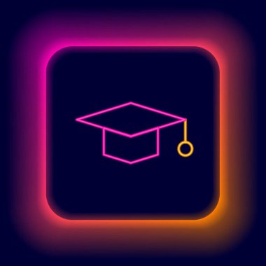 Parlayan neon hattı mezuniyet simgesi siyah arkaplanda izole edildi. Tassel ikonlu mezuniyet şapkası. Renkli taslak konsepti. Vektör.