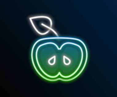 Parlayan neon çizgisi Apple simgesi siyah arkaplanda izole edildi. Fazla kilolu. Sağlıklı diyet menüsü. Fitness diyeti elması. Renkli taslak konsepti. Vektör.