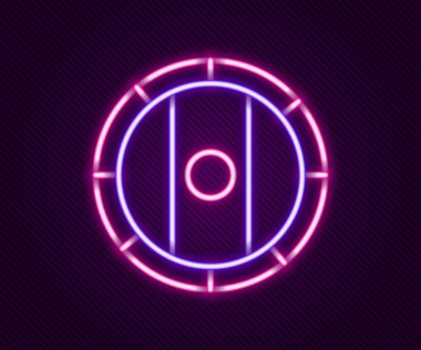 Parlayan neon hattı kalkan Viking simgesi siyah arkaplanda izole edildi. Yuvarlak ahşap kalkan. Güvenlik, güvenlik, koruma, mahremiyet, koruma kavramı. Renkli taslak konsepti. Vektör.