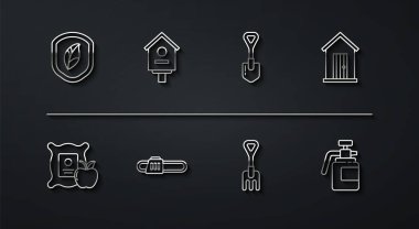 Ranm House Garden 'da, gübre ve kürek ikonu için testereli testereli kuş spreyini yaprak Apple ile aynı hizata getir. Vektör.