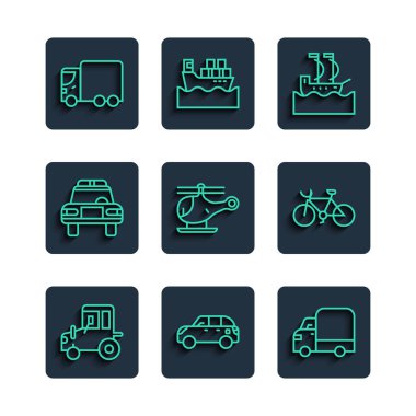 Traktör Hatchback 'in kargo kamyonu. Yelkenli helikopter polisi, teşhirci ve bisiklet ikonu. Vektör.