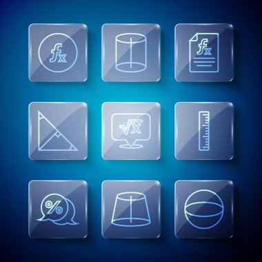 Satır İndirimi yüzde etiketini ayarla Geometrik figür Küre fonksiyon matematiksel sembolü x açılı bisektör üçgeni ve Ruler simgesinin kare kökü. Vektör.