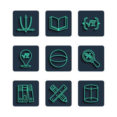 Satır Ofisi dizinlerini çapraz cetvel ve kalem geometrik figür x Graph Grafik çizelgesi şeması kare kökü ve yüzde ikonlu büyüteç ile ayarla. Vektör.