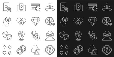 Kumarhane fişleri Loto makinesinin kredi kartı topunu yonca ve iskambil kağıtlarıyla tombala masasına koy. Vektör.