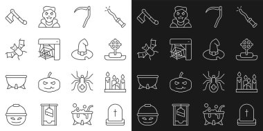 Yakıcı mum haçı, Uçan Örümcek Ağı tırpan yarasa baltası ve cadı şapkası ikonu ile çizgi Tombstone 'u ayarla. Vektör.