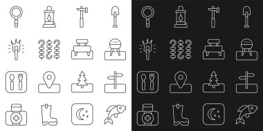 Balık Yolu trafik levhası ızgara ızgara ızgara şiş kebap şiş meşale alevi büyüteç ve Bench ikonu. Vektör.