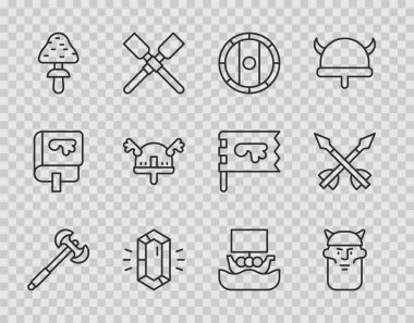 Orta Çağ kutup baltası Viking baş kalkanı Viking taş mantar boynuzlu miğfer gemisi Drakkar ve ok ikonu. Vektör.