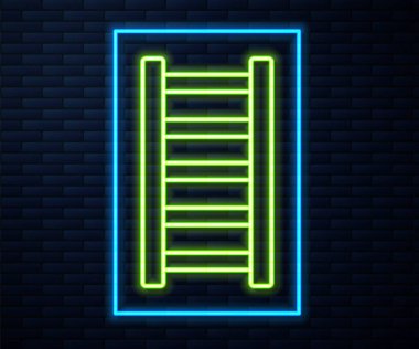 Parlayan neon hattı yangın merdiveni ikonu tuğla duvar arkasında izole edildi. Pompier merdiveni. İtfaiyeciler merdiveni sırıkla tırmanır. Vektör.