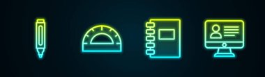 Satır İşaretleyici kalemi, açıölçer ızgarası, Spiral defter ve Çevrimiçi sınıf ayarla. Parlayan neon ikonu. Vektör.