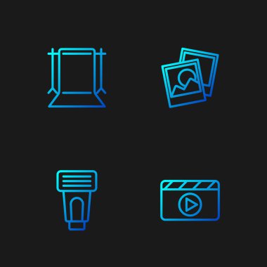 Çizgiyi ayarlayın. Fotoğraf makinesi, fotoğraf stüdyosu ve çerçeve. Renk simgeleri. Vektör.