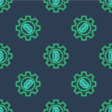 Hat Kripto para sikkesi Bitcoin simgesi mavi arkaplandaki kusursuz deseni izole etti. Vites ve Bitcoin ayarı. Engelleme zinciri tabanlı şifreli para birimi. Vektör.