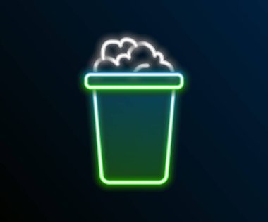 Siyah zemin üzerinde sabun köpüğü simgesi olan parlak neon hattı kovası. Sulu kase. Çamaşır yıkama, temizlik malzemeleri. Renkli taslak konsepti. Vektör.