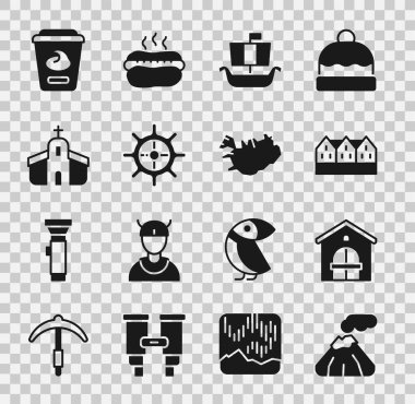 Volkan Çiftliği Norveçli ahşap Viking gemisi Drakkar Ship direksiyon kilisesi Yoğurt konteynırı ve İzlanda ikonu haritası yapıyor. Vektör.