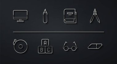 Satır monitörü ekranı, alarm zilini, pusula çizimi, ABC blokları, kalem sileceği, kauçuk ve kitap simgesini ayarla. Vektör.