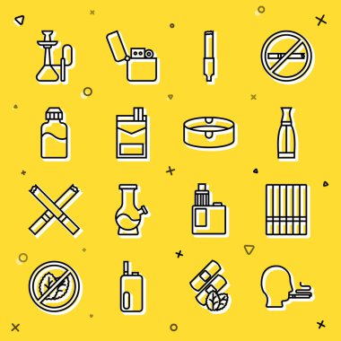 Set çizgisi adamı sigara içiyor Vape marka sigara şişesi, nargile kutusu ve kül tablası ikonu. Vektör.