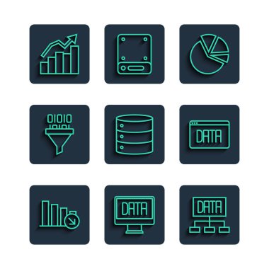 Satır Finansal Büyüme Veri Analizi Çizelgesi İnfografik Sunucu İkili kodu ve simgesini Azaltır. Vektör.