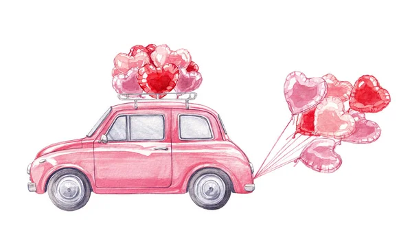 Валентинів День Рожевий Ретро Автомобіль Серцеподібні Повітряні Кулі Весільна Акварель — стокове фото
