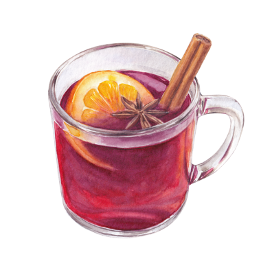 Suluboya cam bardakta tarçınlı, portakal dilimli ve yıldız anasonlu şarap. Sıcak kış içeceği