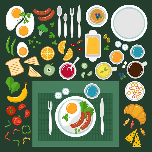 El desayuno. Vista superior, conjunto de iconos vectoriales, estilo plano — Vector de stock