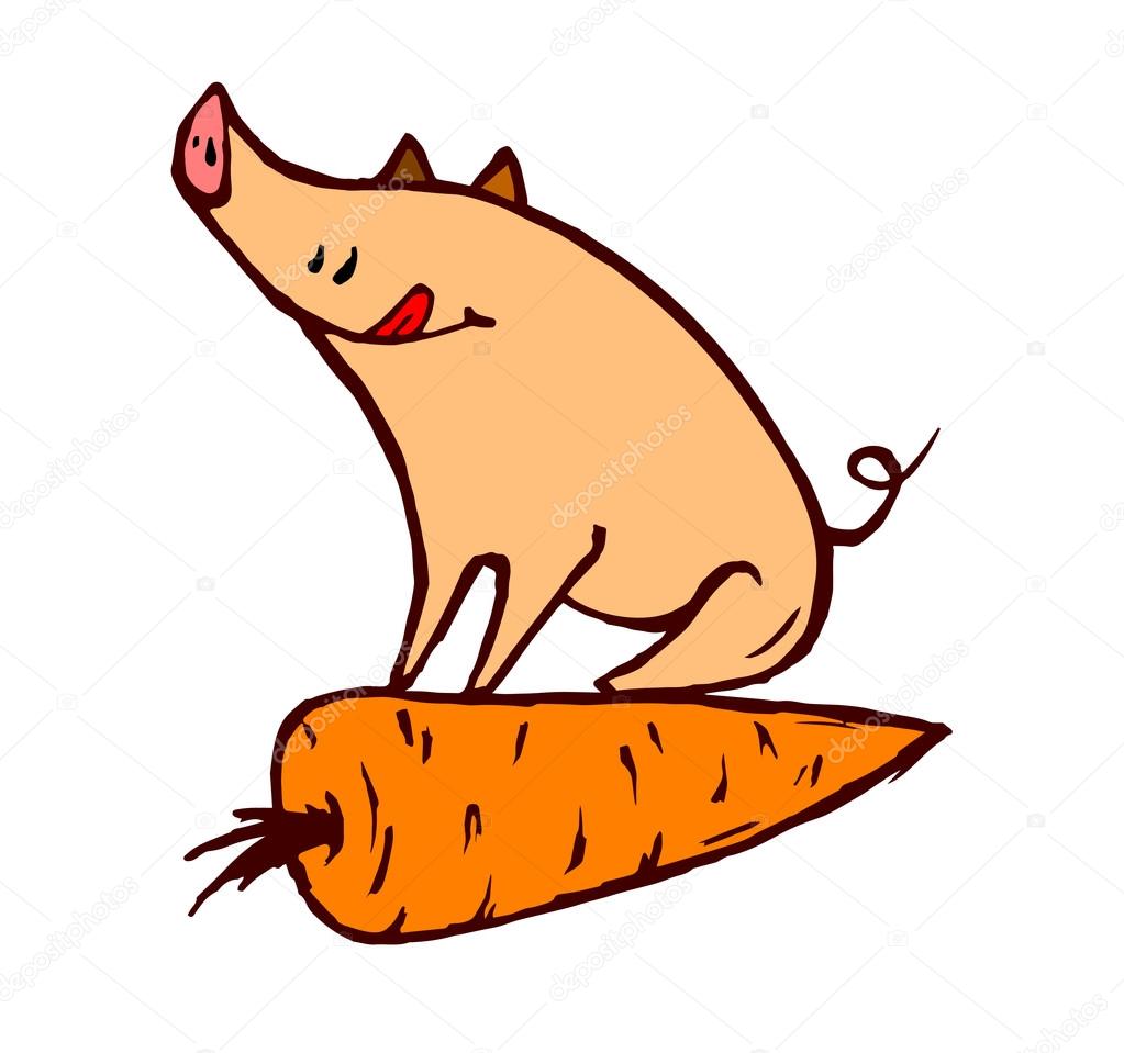 piglet sitting astride on a carrot