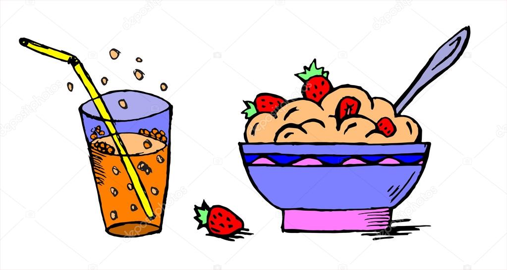 dish of oatmeal with a strawberry and glass of soda pop
