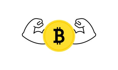 Güçlü bitcoin kripto para birimi büyük kasları gösteriyor. Dijital altının değerini arttırın. İzole edilmiş beyaz arkaplanda vektör. EPS 10.