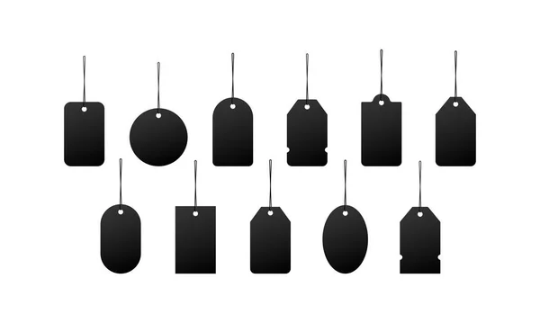 Set Blank Black Paper Price Tags Label Cardboard Black Hanging — Stock Vector