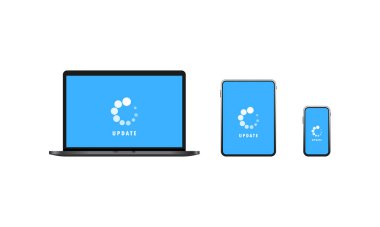 Aygıt güncelleme simgesi. Laptop, tablet ve akıllı telefon yazılımı güncellemesi. Veri konsepti indiriliyor. İzole edilmiş beyaz arkaplanda vektör. EPS 10.