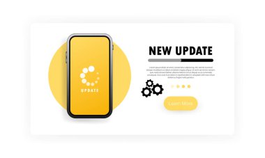 Yeni pankart. Akıllı telefon ekranındaki mobil sistemi günceller. İşletim sistemini yükselt. Akıllı telefona yeni bir sürüm yükler ya da indirir. İzole edilmiş beyaz arkaplanda vektör. EPS 10.