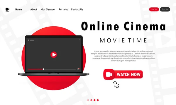Banner Cinematografico Online Concetto Moderno Laptop Home Cinema Online Vettore — Vettoriale Stock