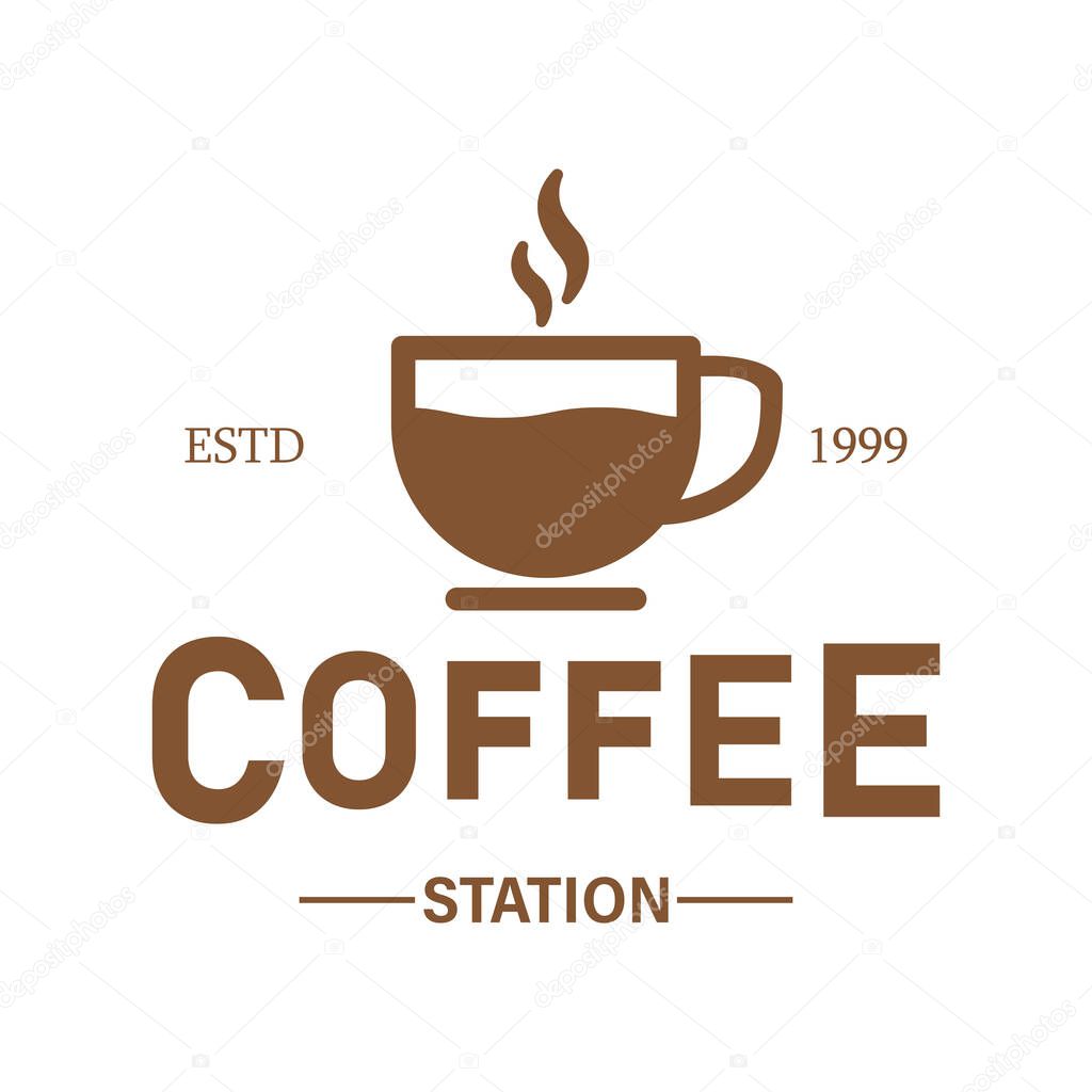 Coffee station logo for coffee shop. Hot coffee station icon in flat style. Vector on isolated white background. EPS 10.