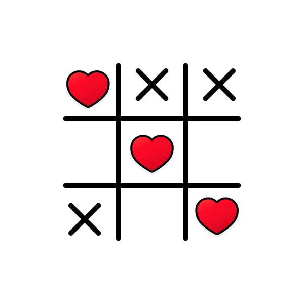 Tic tac tå spel med kors och strukna röda hjärttecken märke XOXO. Glad Alla hjärtans dag kort. Vektor på isolerad vit bakgrund. EPS 10 — Stock vektor