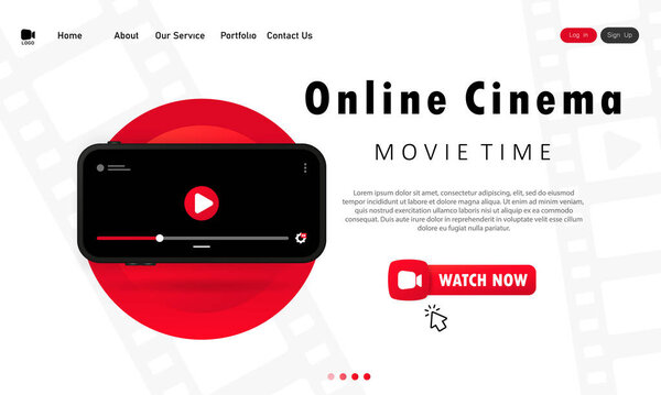 Баннер кинематографа. Пора в кино. Смотришь фильм дома на телефоне. Вектор на изолированном белом фоне. EPS 10