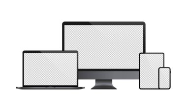Gerçekçi bilgisayar monitörü, dizüstü bilgisayar, tablet, akıllı telefon çizimi. Şeffaf boş ekran ile. Vektör EPS 10. Beyaz arkaplanda izole.