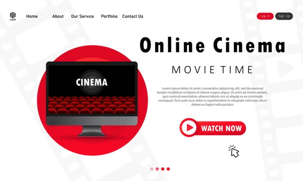 Illustrazione Cinematografica Online Ora Del Cinema Monitor Computer Con Sala — Vettoriale Stock