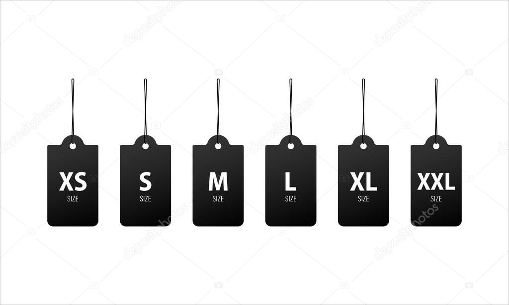 Collection of clothing size labels. XS, S, M, L, XL, XXL sizes. Vector EPS 10. Isolated on white background.