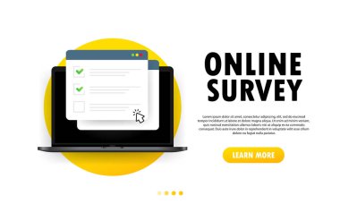 Laptop illüstrasyonunda kontrol listesi. İnternet sitesi ya da internet anketi hakkında rapor, sınav listesi. Kontrol işaretli tarayıcı penceresi. İzole edilmiş beyaz arkaplanda vektör. EPS 10.