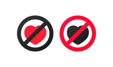 Aşk işareti yok. Kırmızı rengin vektör çizimi içinde kalp ikonu olan dairesel yasak işaretin üzerini çizdi. Aşk piktogramı eksikliği. İzole edilmiş beyaz arkaplanda vektör. EPS 10.