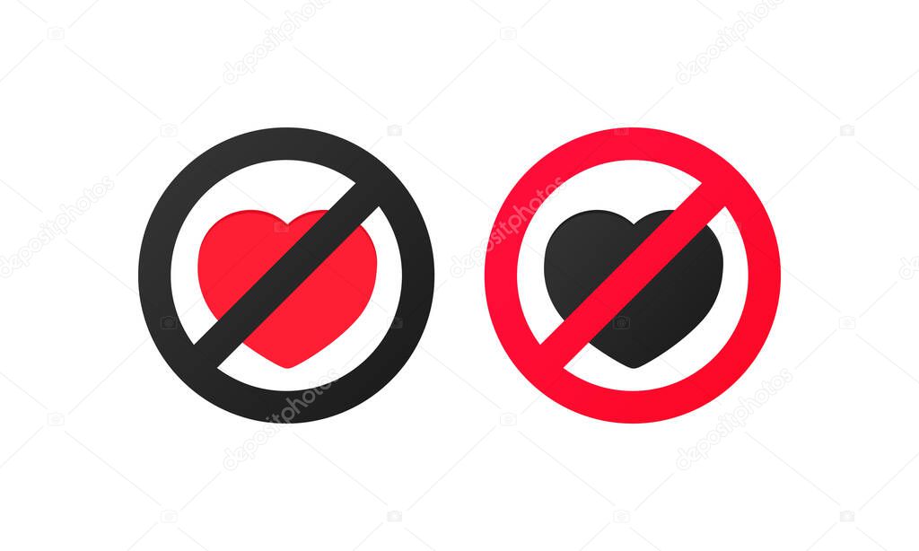 No love sign. Vector illustration of red crossed out circular prohibited sign with heart icon inside. Lack of love pictogram. Vector on isolated white background. EPS 10.