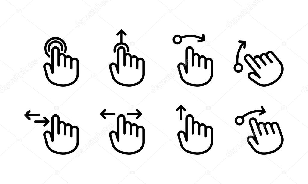 Hand cursor touch screen gestures icon set. Swipe to left right up icon set. Hand finger left, right, up. Vector on isolated white background. EPS 10.
