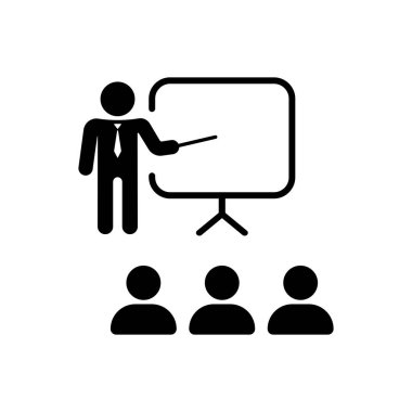 Eğitim semineri ikonu. Sınıf, öğrencili öğretmen. İzole edilmiş beyaz arkaplanda vektör. EPS 10.