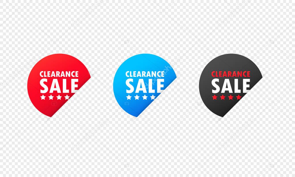 Clearance sale sticker. Low price, discount, promotion, marketing, sale on, discount up to, fast selling shoppers icon. Vector on isolated transparent background. EPS 10.