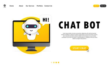 Bilgisayar illüstrasyonunda Chatbot. Online yardımcı robot iniş sayfası şablonu. Diyalog, mesaj. Teknik destek. Web sayfası için. İzole edilmiş beyaz arkaplanda vektör. EPS 10.