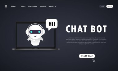 Laptop illüstrasyonunda Chatbot. Online yardımcı robot iniş sayfası şablonu. Diyalog, mesaj. Teknik destek. Web sayfası için. İzole edilmiş arkaplanda vektör. EPS 10.