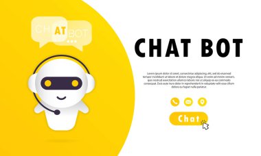 Sohbet robotu afişi. Online yardımcı robot iniş sayfası şablonu. Diyalog, mesaj. Teknik destek. Web sayfası için. İzole edilmiş beyaz arkaplanda vektör. EPS 10.