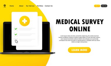Sonuçlarla dolu tıbbi form listesi ve onaylanmış işaret pankartı. - İlaç servisi. Laptoptaki klinik kontrol listesi belgesi. Elektronik online sigorta. Vektör EPS 10.
